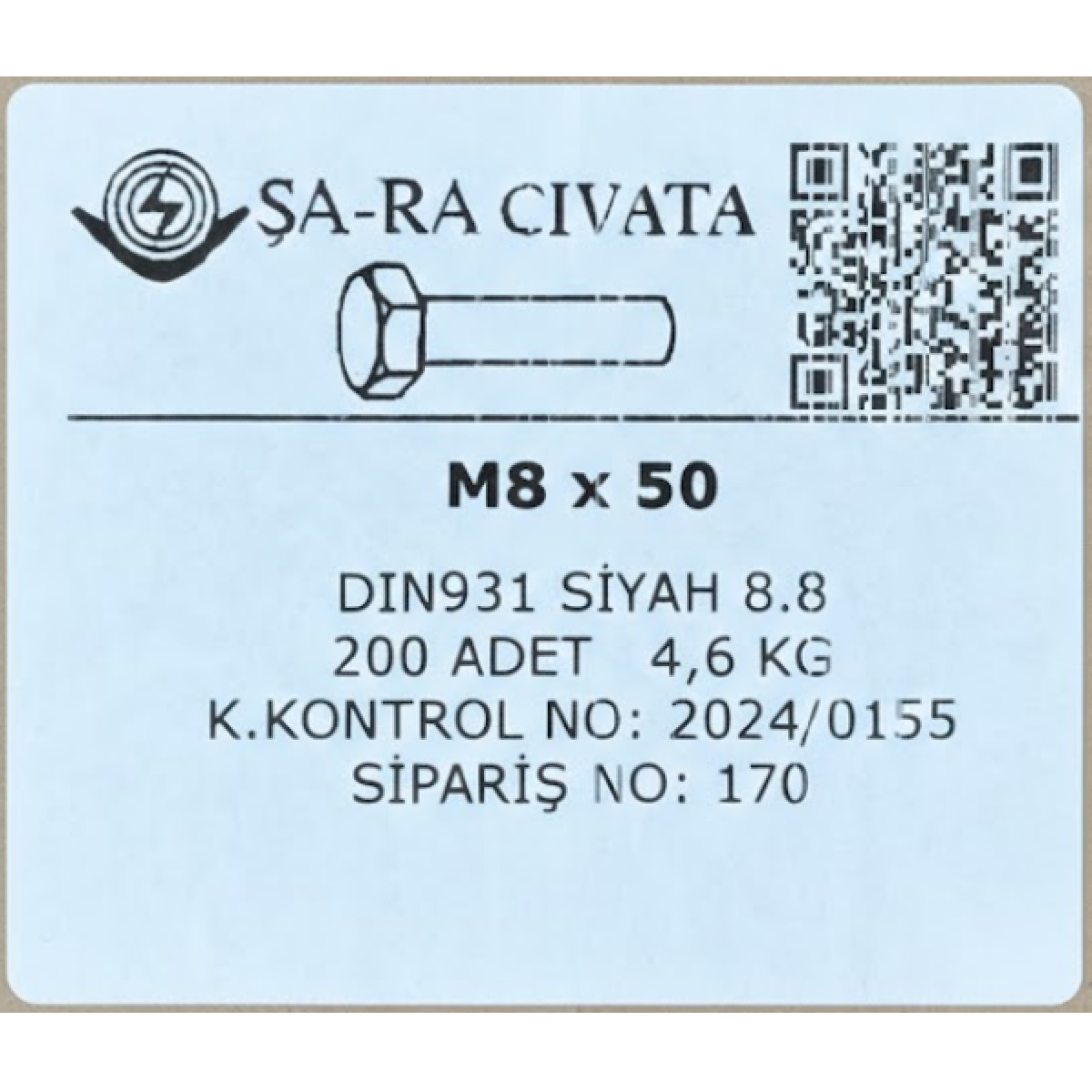 Metrik 8x50mm Cıvata