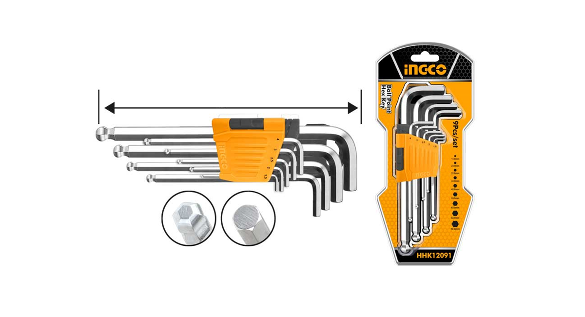 INGCOIngco HHK12091 Endüstriyel 9'lu Uzun Yuvarlak Uçlu Alyan Anahtar Seti 1.5-10mmING-HHK12091