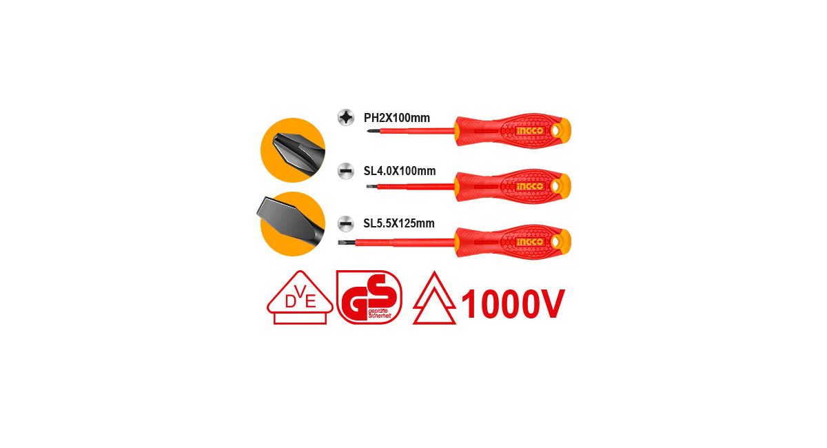 INGCOIngco HKISD0308 Endüstriyel 3'lü İzoleli Elektrikçi Tornavida SetiING-HKISD0308