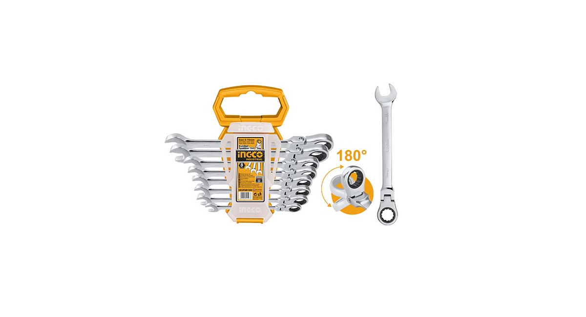 Ingco HKSPAR1083 Endüstriyel 8'li KombineCırcır Mafsallı Anahtar Seti 8-19mm