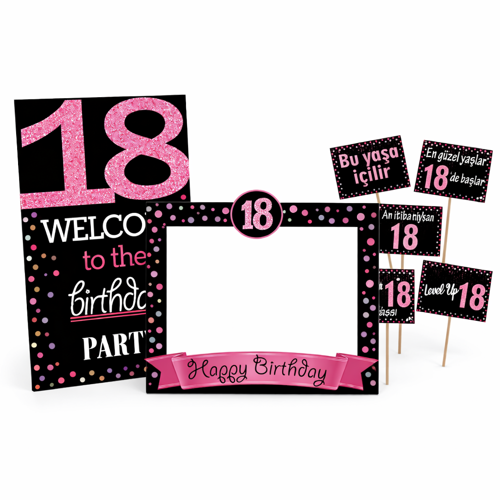 18 Yaş Fuşya Pano Çerçeve Konuşma Balonu Set