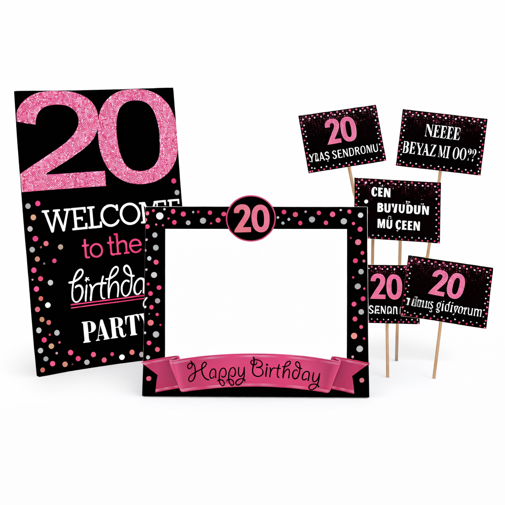 20 Yaş Fuşya Pano Çerçeve Konuşma Balonu Set