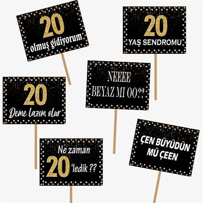 20 Yaş Gold Renkli El Pankartı 6 Adet