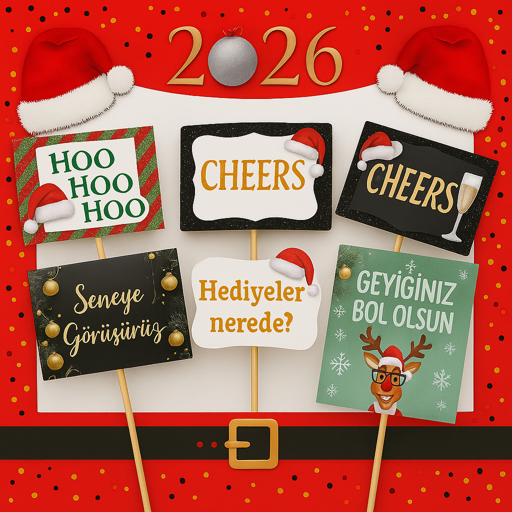Dekoratif Ayaklı Pano2026 Yılbaşı Fotoğraf Çerçevesi ve Konuşma Balonu Set