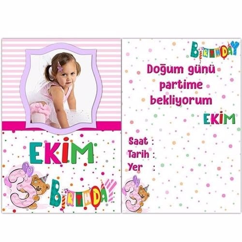 3 Yaş Kız Kişiye Özel Davetiye 10 Adet