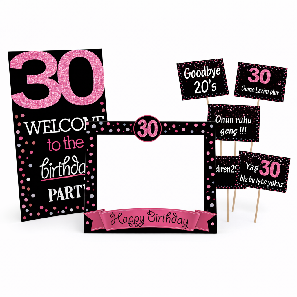 30 Yaş Fuşya Pano Çerçeve Konuşma Balonu Set