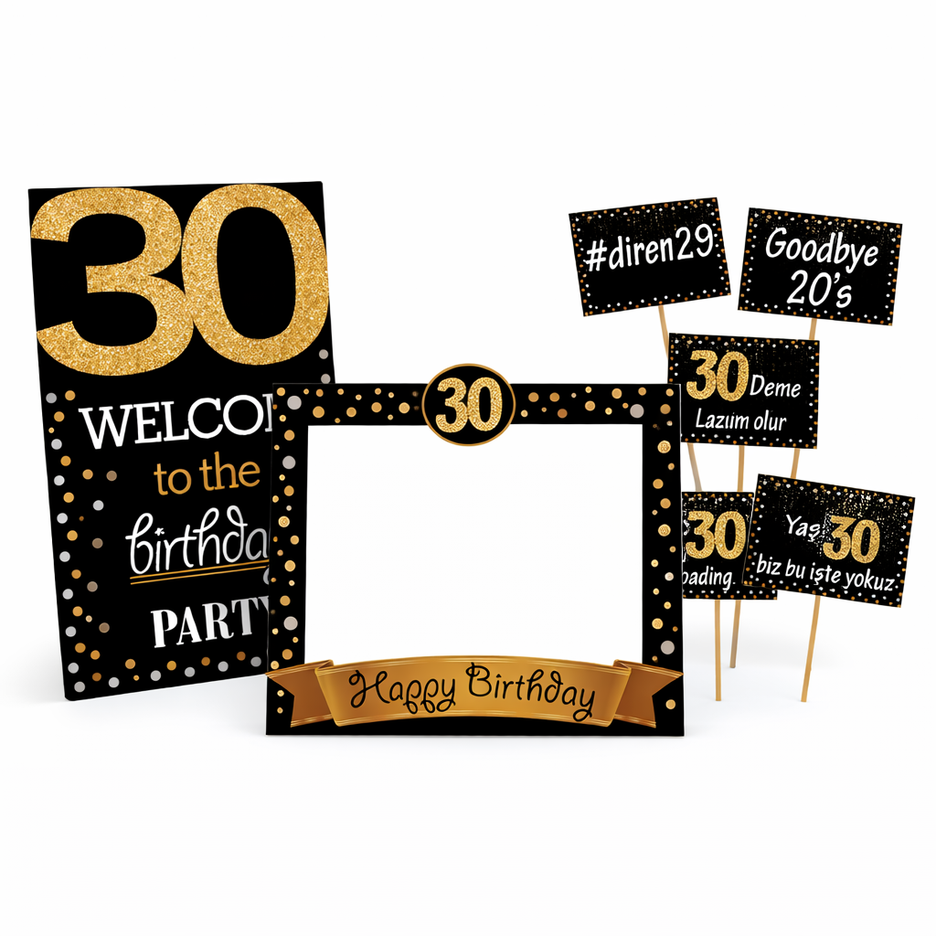 30 Yaş Gold Pano Çerçeve Konuşma Balonu Set