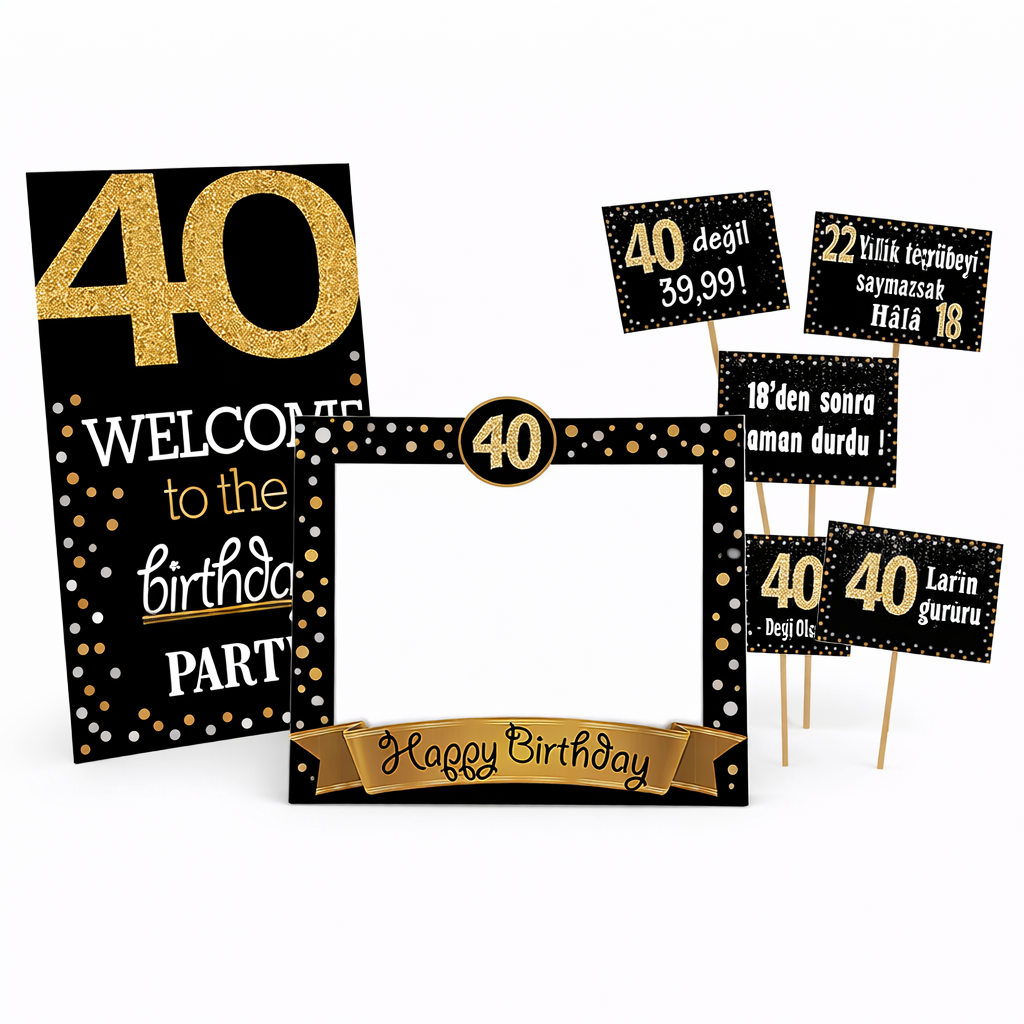 40 Yaş Gold Pano Çerçeve Konuşma Balonu Set