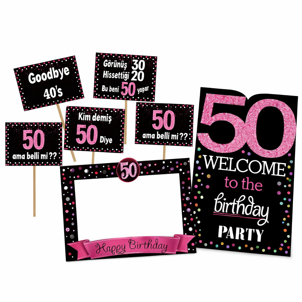 50 Yaş Fuşya Pano Çerçeve Konuşma Balonu Set