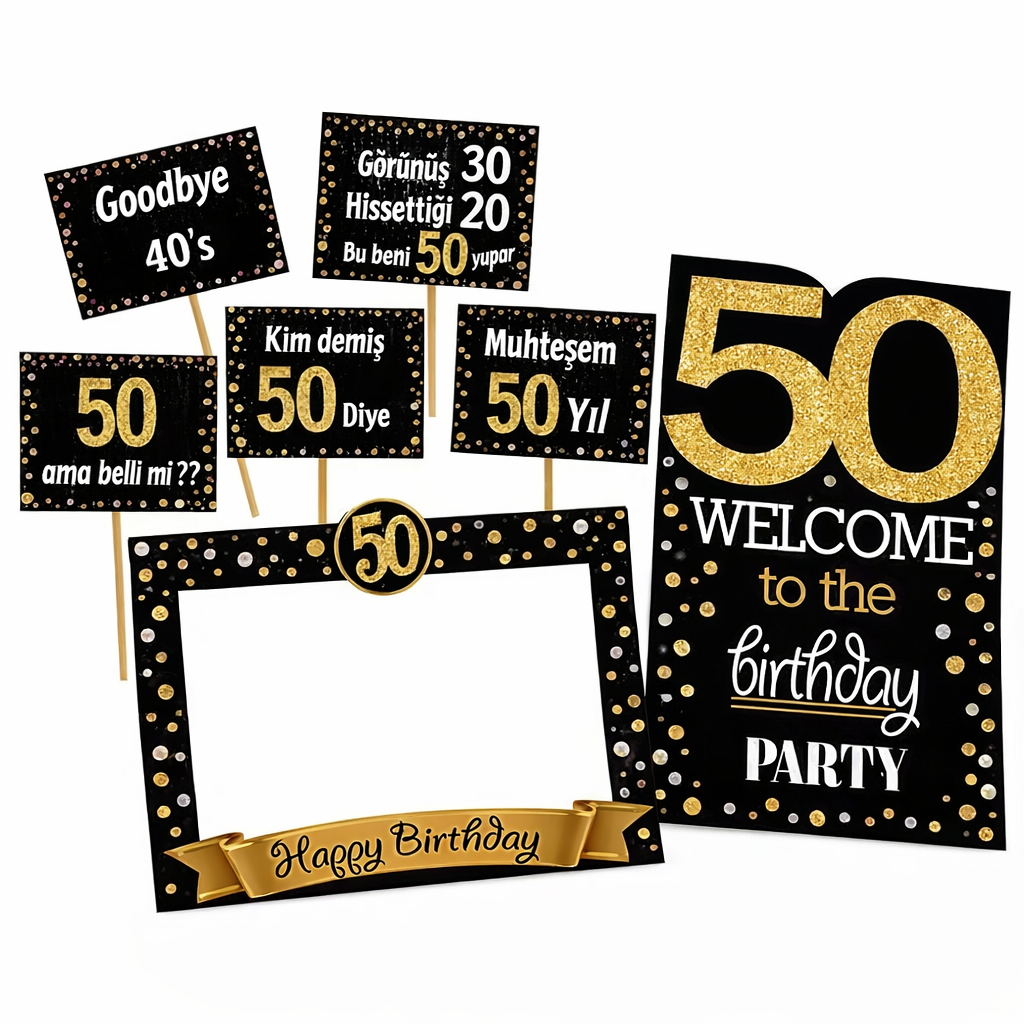 50 Yaş Gold Pano Çerçeve Konuşma Balonu Set