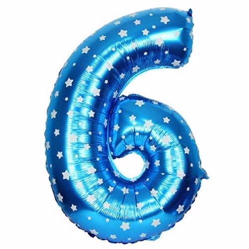 6 Rakam Mavi Yıldızlı Folyo Balon 100 cm