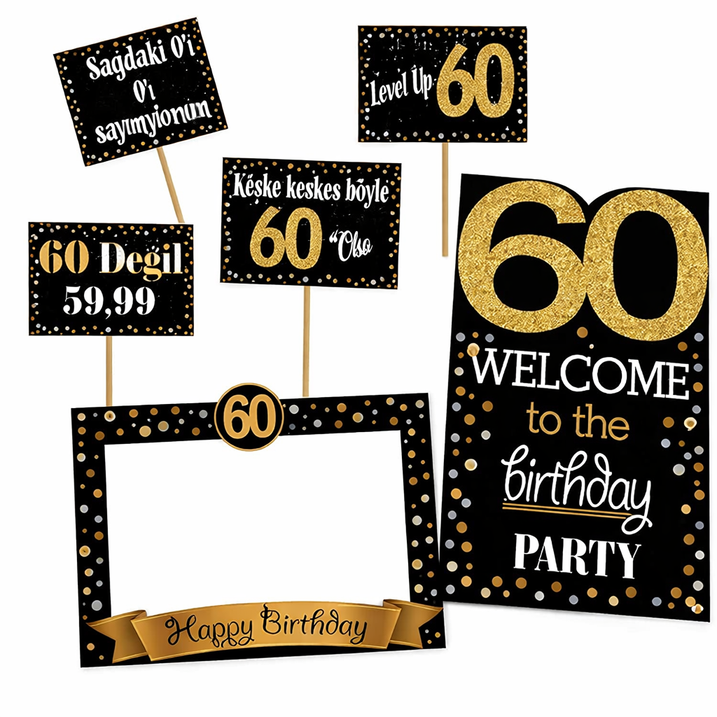 60 Yaş Gold Pano Çerçeve Konuşma Balonu Set