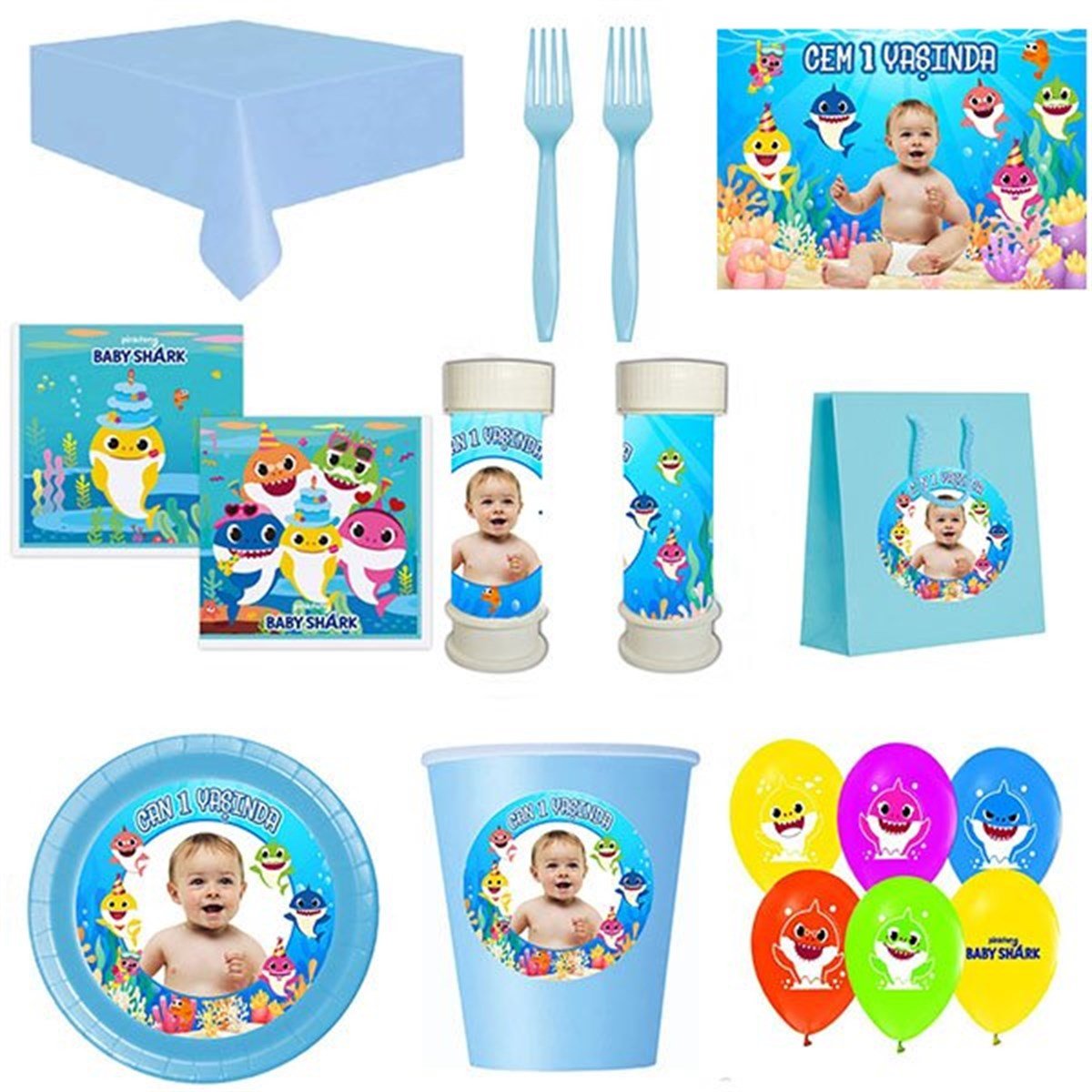 Kişiye Özel Baby Shark 8 Kişilik Parti Seti