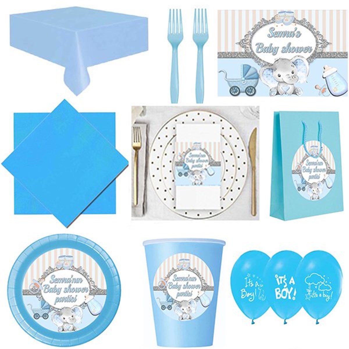 Kişiye Özel Baby Shower Erkek 8 Kişilik Parti Seti