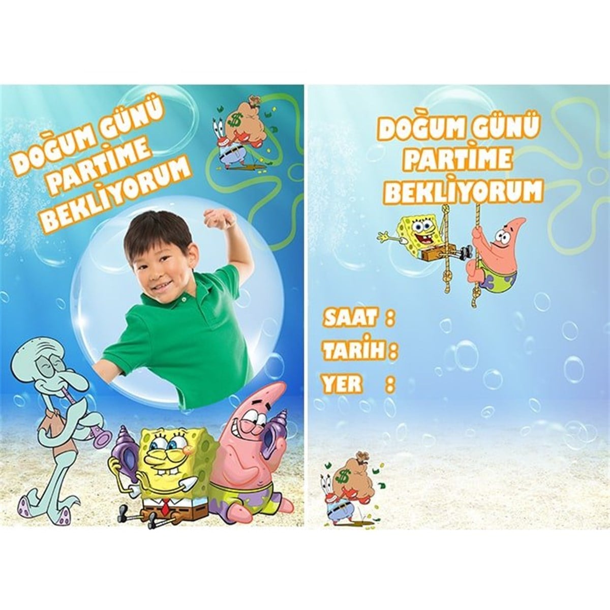 Kişiye Özel Sünger Bob Davetiye 10 Adet
