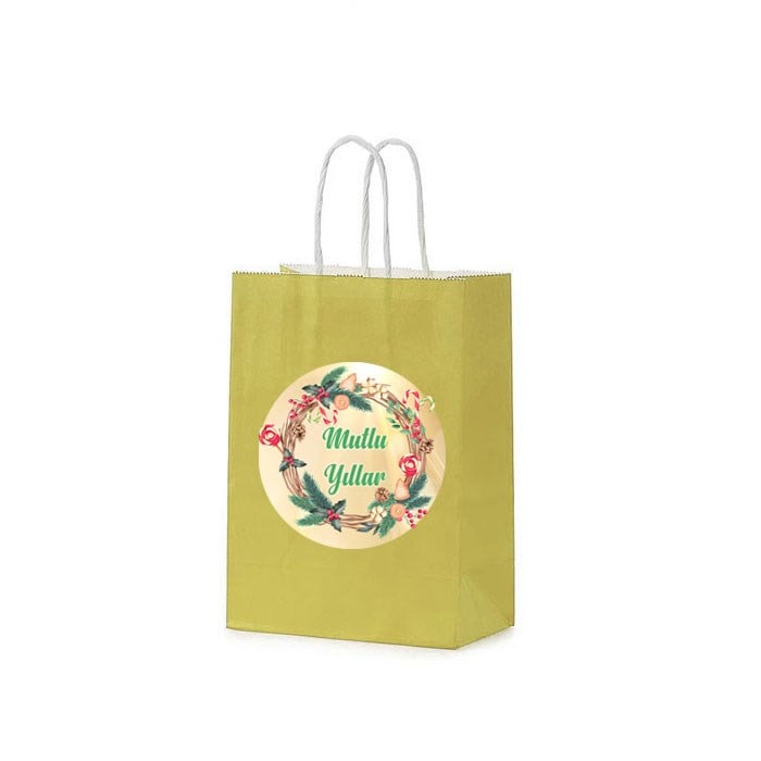 Mutlu Yıllar Baskılı Gold Renk Karton Parti Çantası