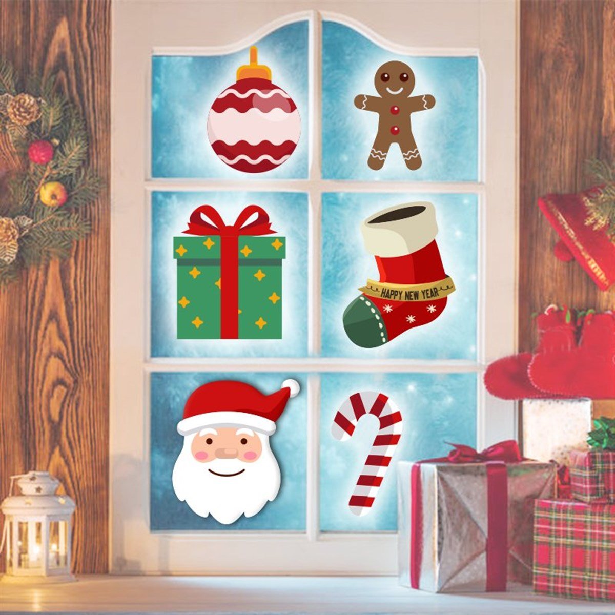 Yılbaşı Cam Stickeri 6 Adet 8x8 Cm