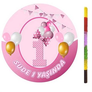 Kişiye Özel Balonlu 1 Yaş Pembe Pinyata + Sopası