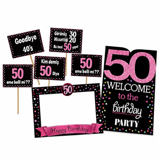 50 Yaş Fuşya Pano Çerçeve Konuşma Balonu Set