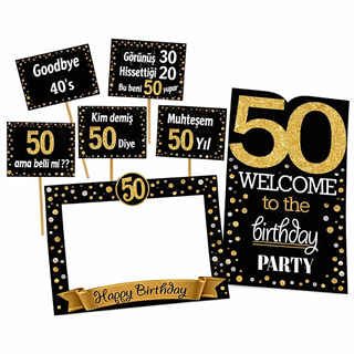50 Yaş Gold Pano Çerçeve Konuşma Balonu Set