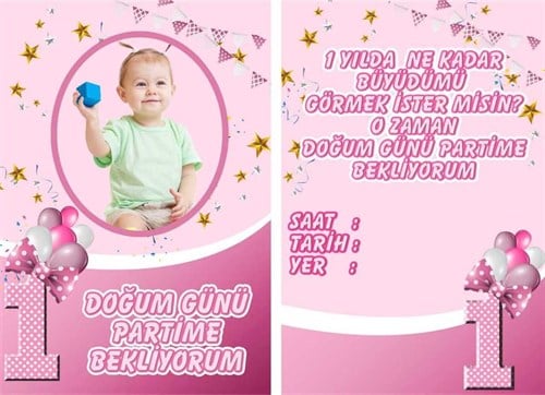 1 Yaş Kız Kişiye Özel Davetiye 10 Adet