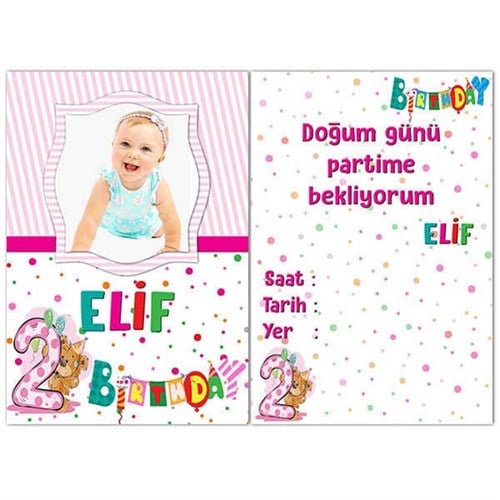 2 Yaş Kız Kişiye Özel Davetiye 10 Adet