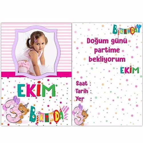 3 Yaş Kız Kişiye Özel Davetiye 10 Adet