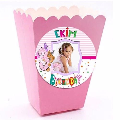 3 Yaş Kız Kişiye Özel Popcorn Kutusu 8 Adet