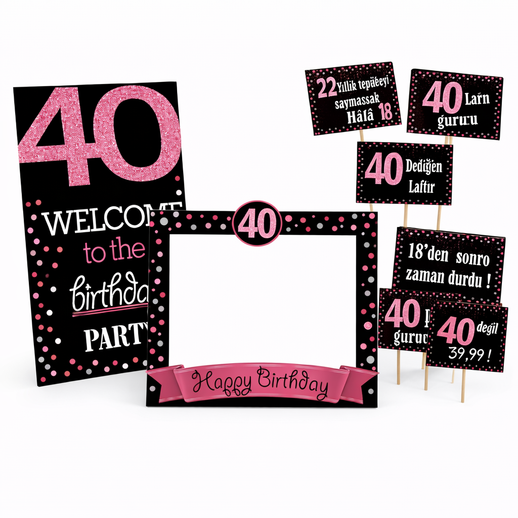 40 yaş Partisi40 Yaş Fuşya Pano Çerçeve Konuşma Balonu Set