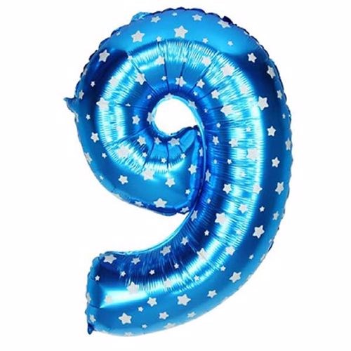 9 Rakam Mavi Yıldızlı Folyo Balon 100 cm