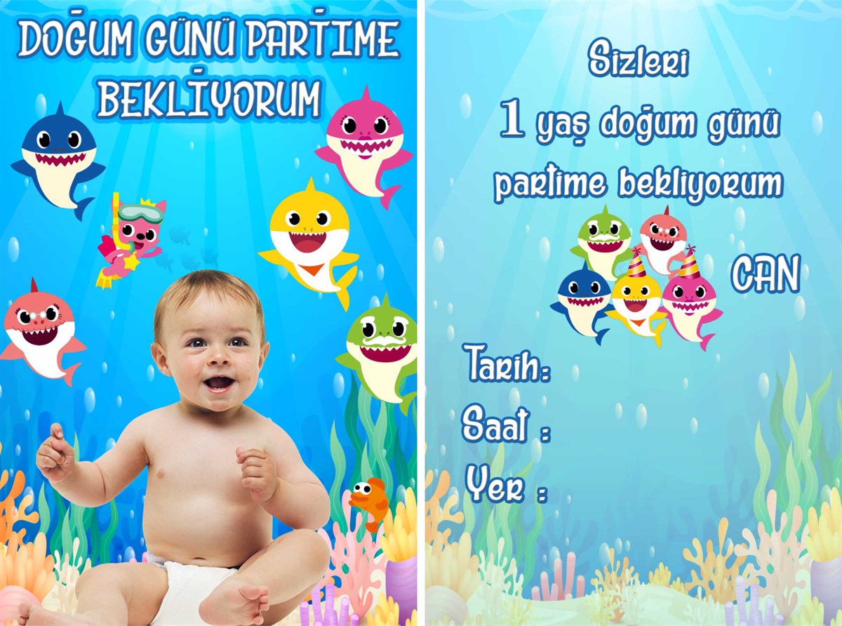 Baby Shark Kişiye Özel Davetiye 10 Adet