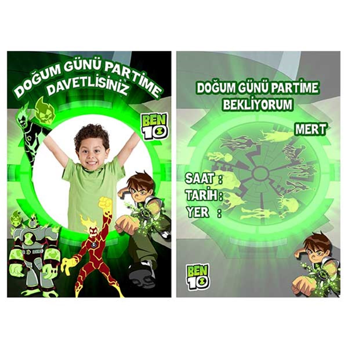 Ben 10 Kişiye Özel Davetiye 10 Adet