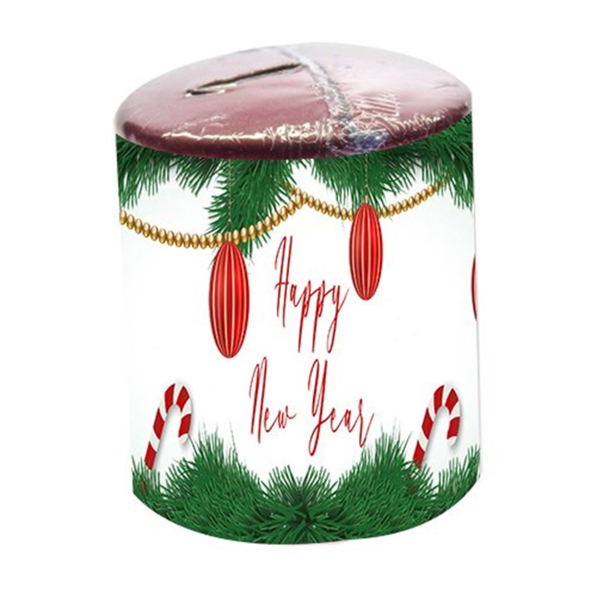 Bordo Happy New Year Silindir Mum 6x7 Cm