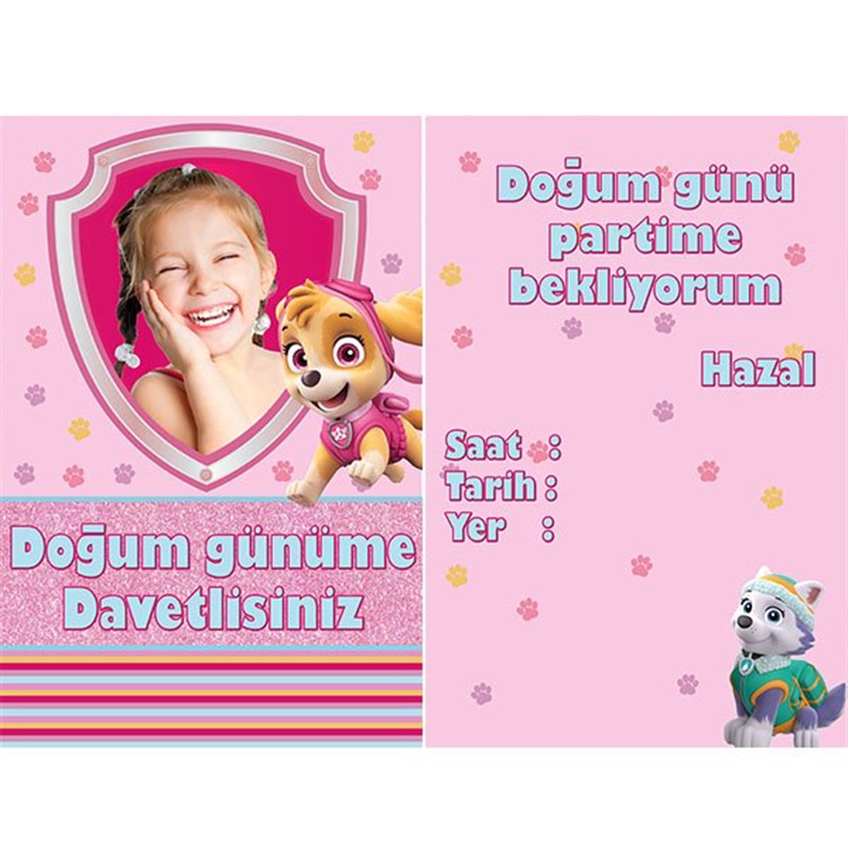 Paw Patrol Kişiye Özel Davetiye 10 Adet