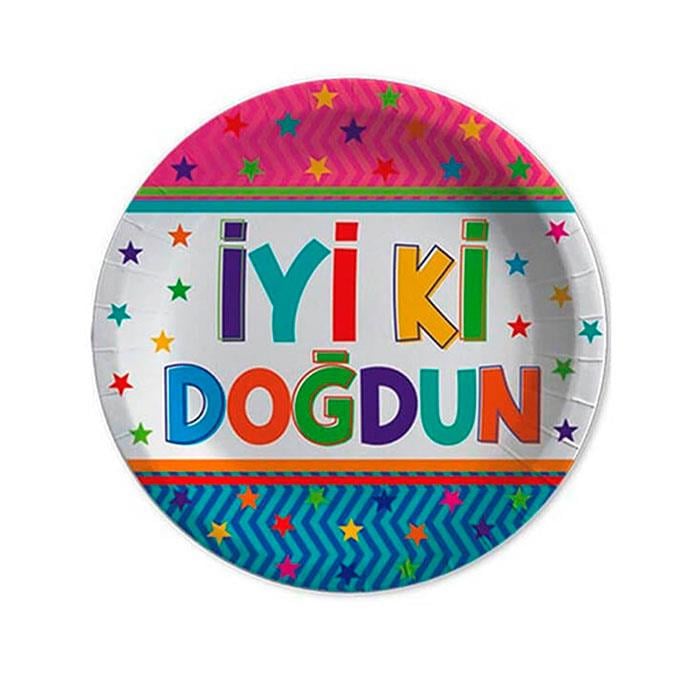 Renkli İyi ki Doğdun Karton Tabak 8 Adet