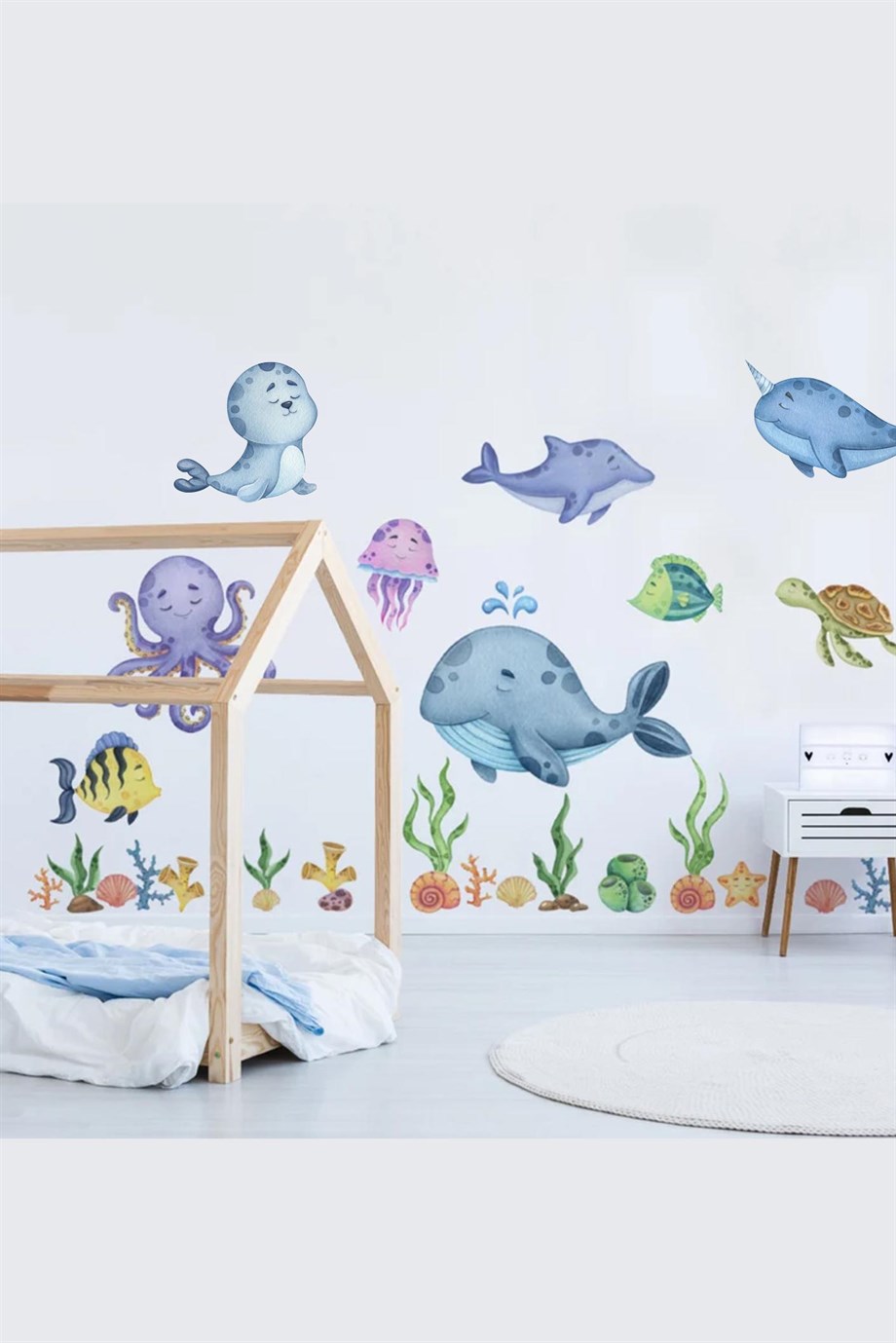  Eğitici Sevimli Deniz Hayvanları ve Bitkiler Sticker Seti (Büyük Boy)