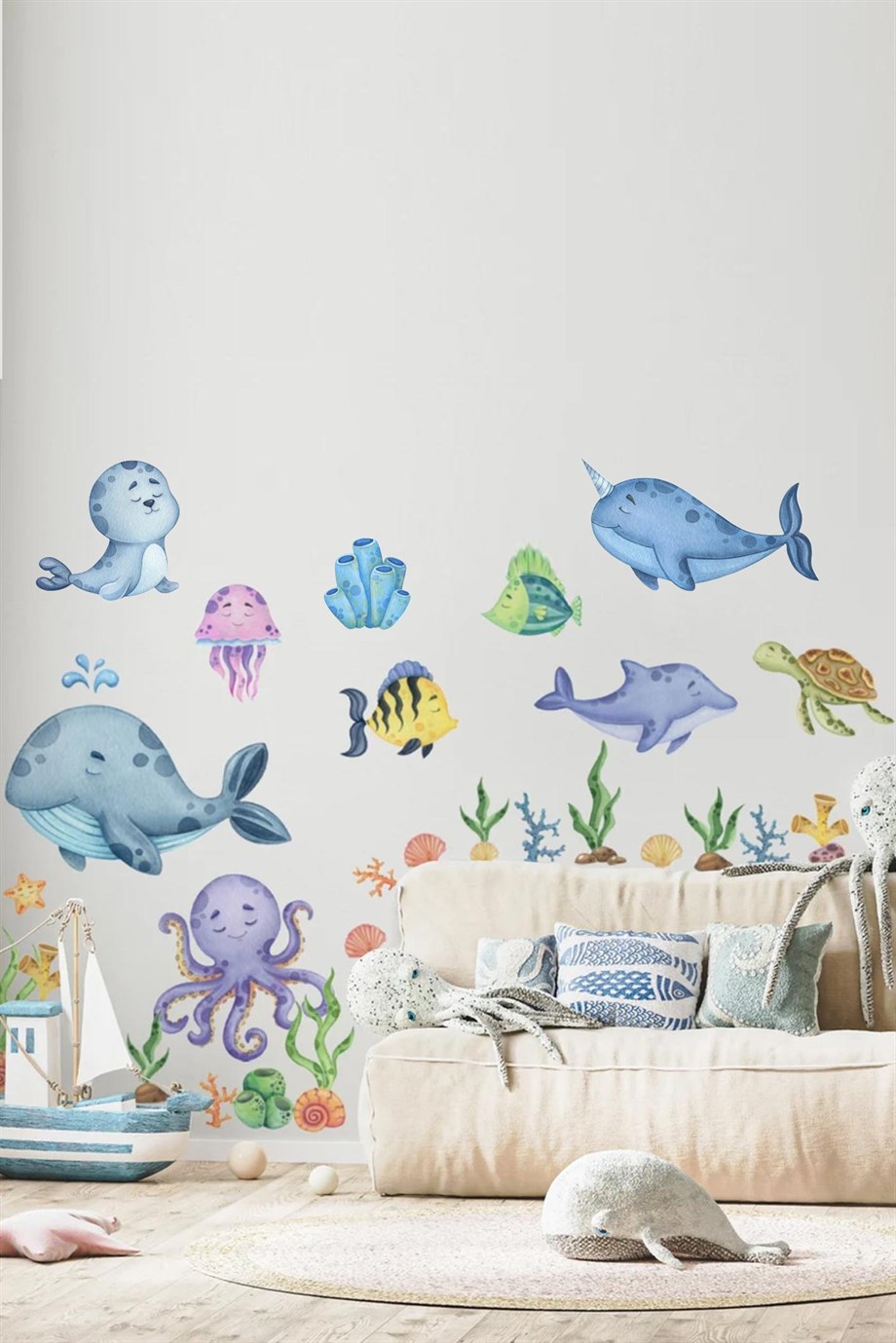  Eğitici Sevimli Deniz Hayvanları ve Bitkiler Sticker Seti (Büyük Boy)