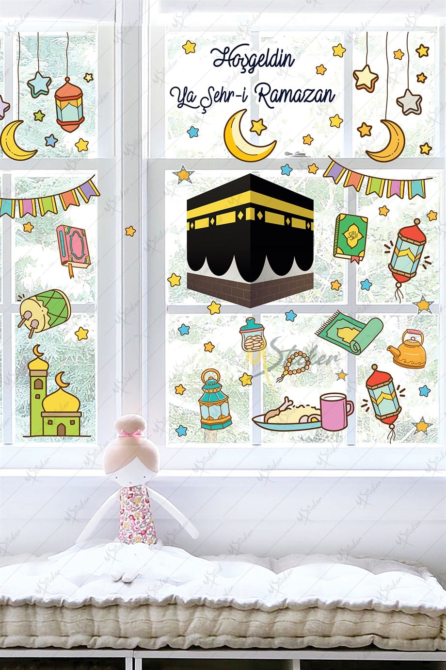 Ramazan Ayı Temalı Süsleme, Kabe ve Ramazan Figürleri Cam Duvar Sticker Seti R5