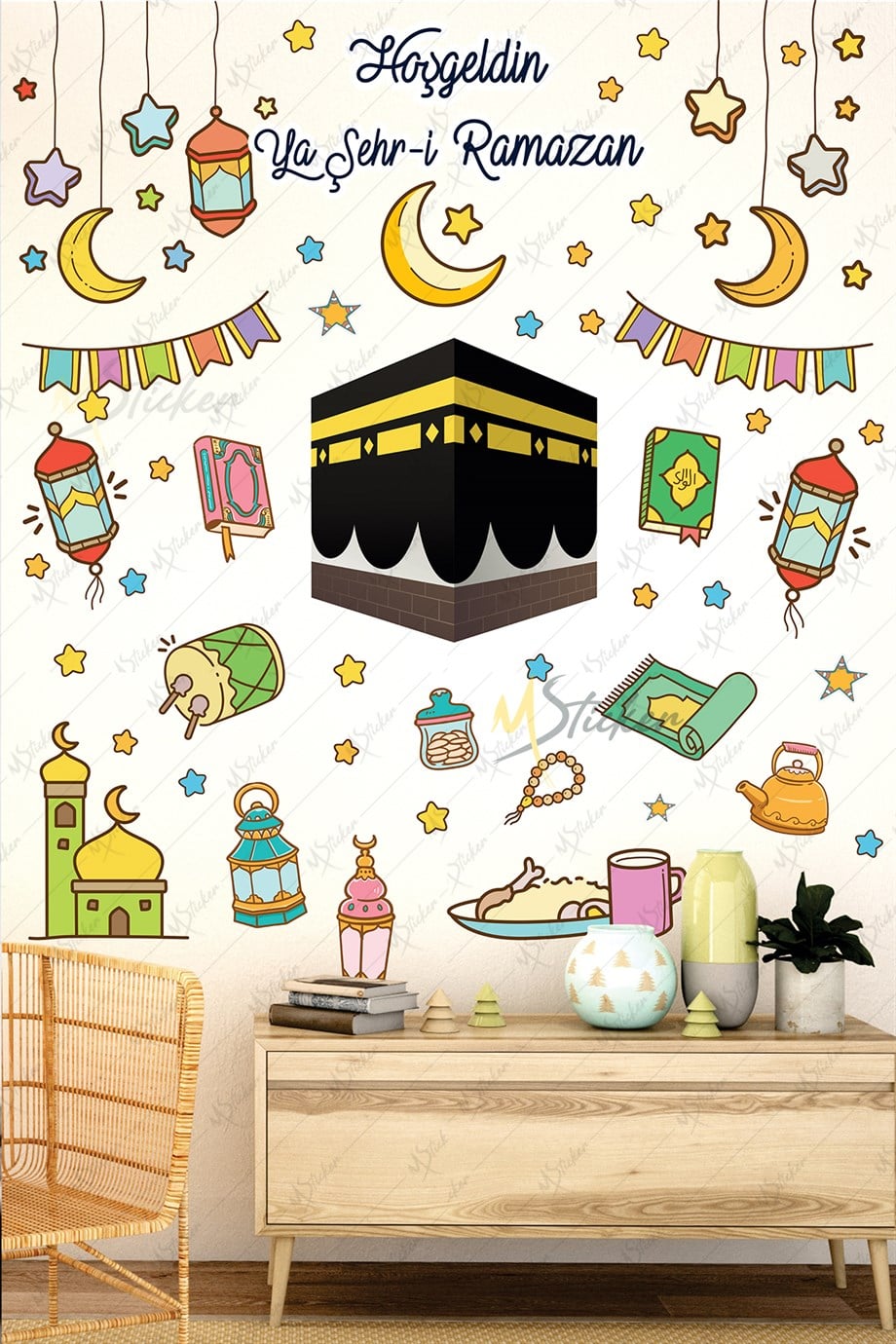 Ramazan Ayı Temalı Süsleme, Kabe ve Ramazan Figürleri Cam Duvar Sticker Seti R5