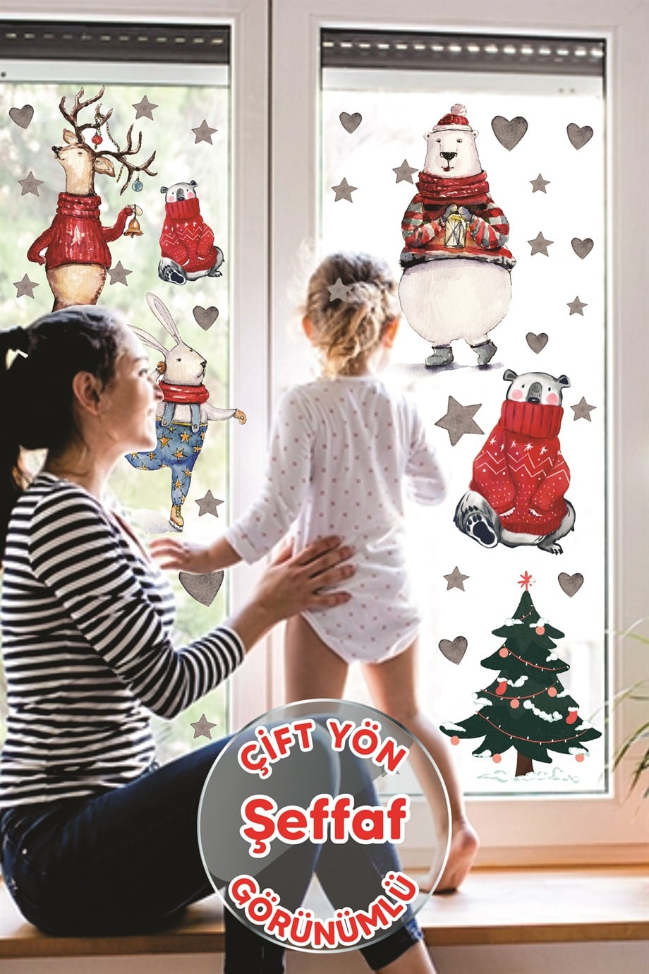 Yılbaşı Cam Duvar Süsü, Kış Konseptli Ayıcıklar ve Sevimli Hayvanlar Sticker Seti