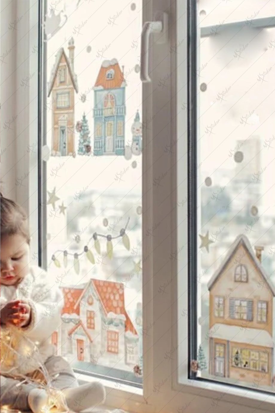 Yılbaşı ŞEFFAF Karlı Şehir Yeni Yıl Çocuk Bebek Odası Sticker Seti - Çift Yön Görünümlü