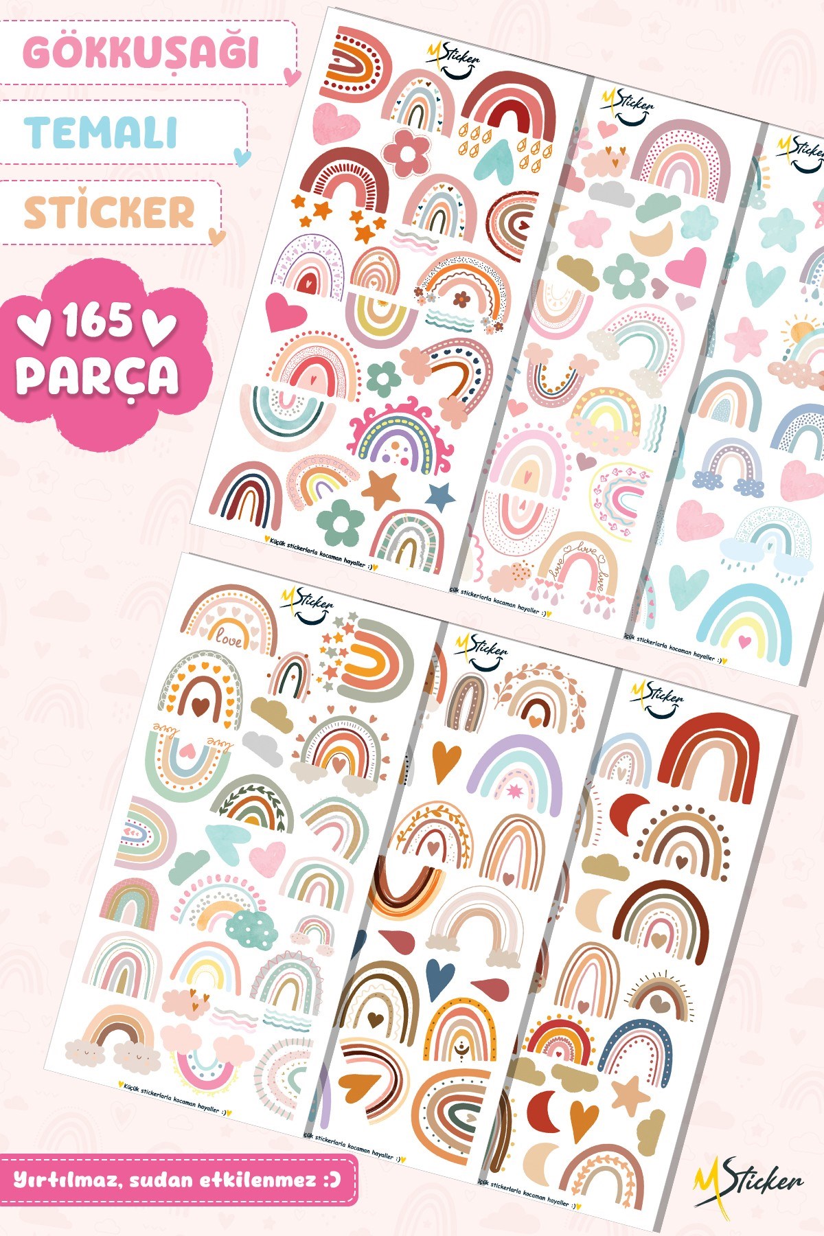165Adet Gökkuşağı Sticker Seti - Kalem Suluk Defter Cam Masa Laptop Tablet Sticker Suya Dayanıklı