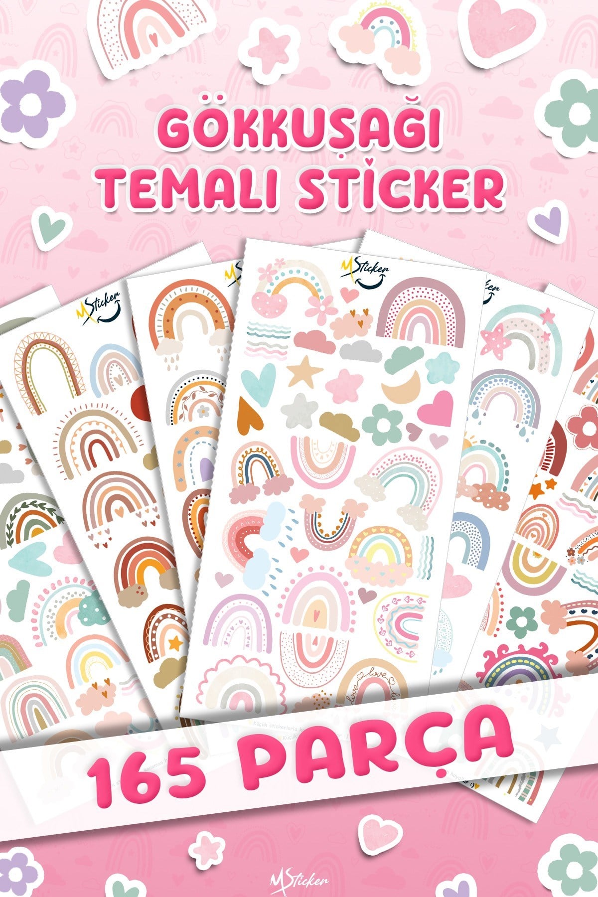 165Adet Gökkuşağı Sticker Seti - Kalem Suluk Defter Cam Masa Laptop Tablet Sticker Suya Dayanıklı