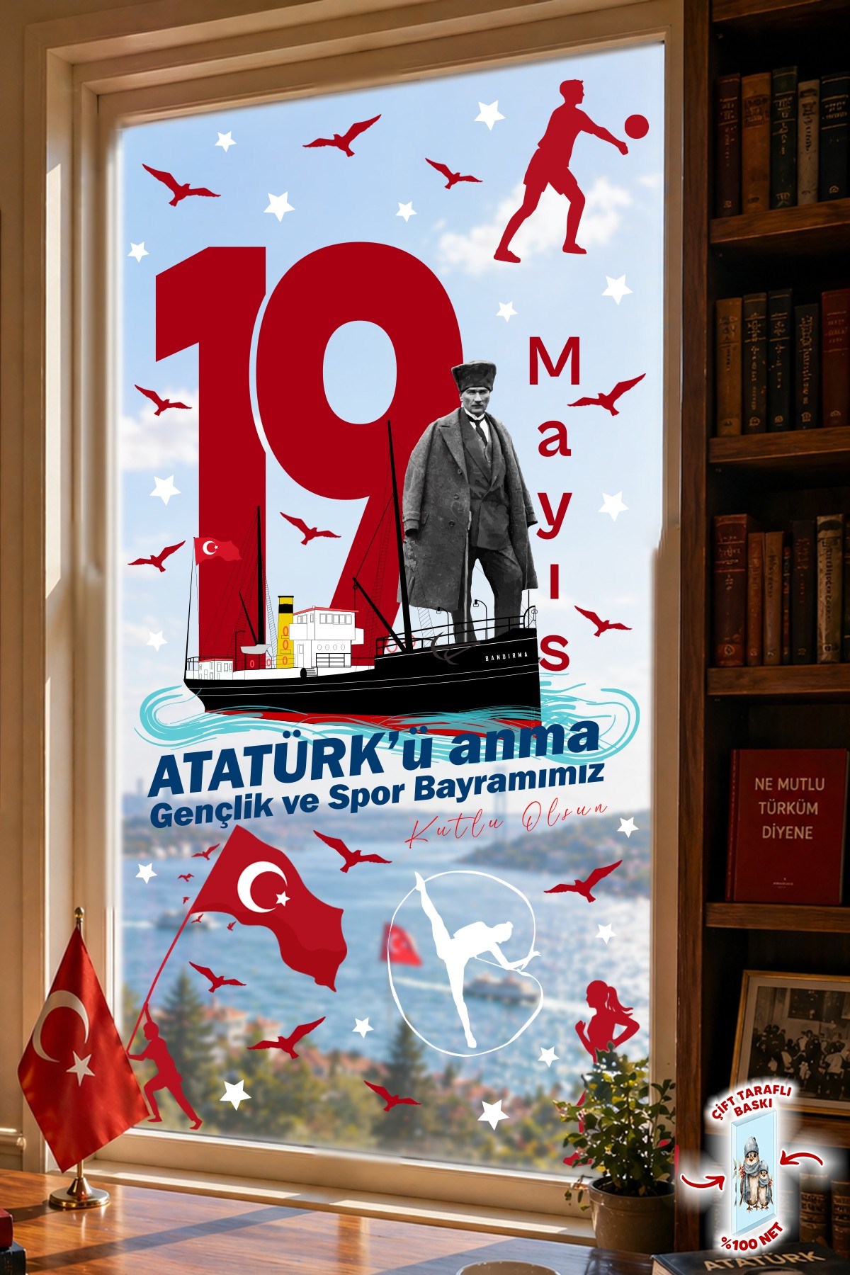 19 Mayıs Atatürk’ü Anma Gençlik ve Spor Bayramı Çift Taraflı Cam Sticker Set – 100% Görünüm,90 Parça