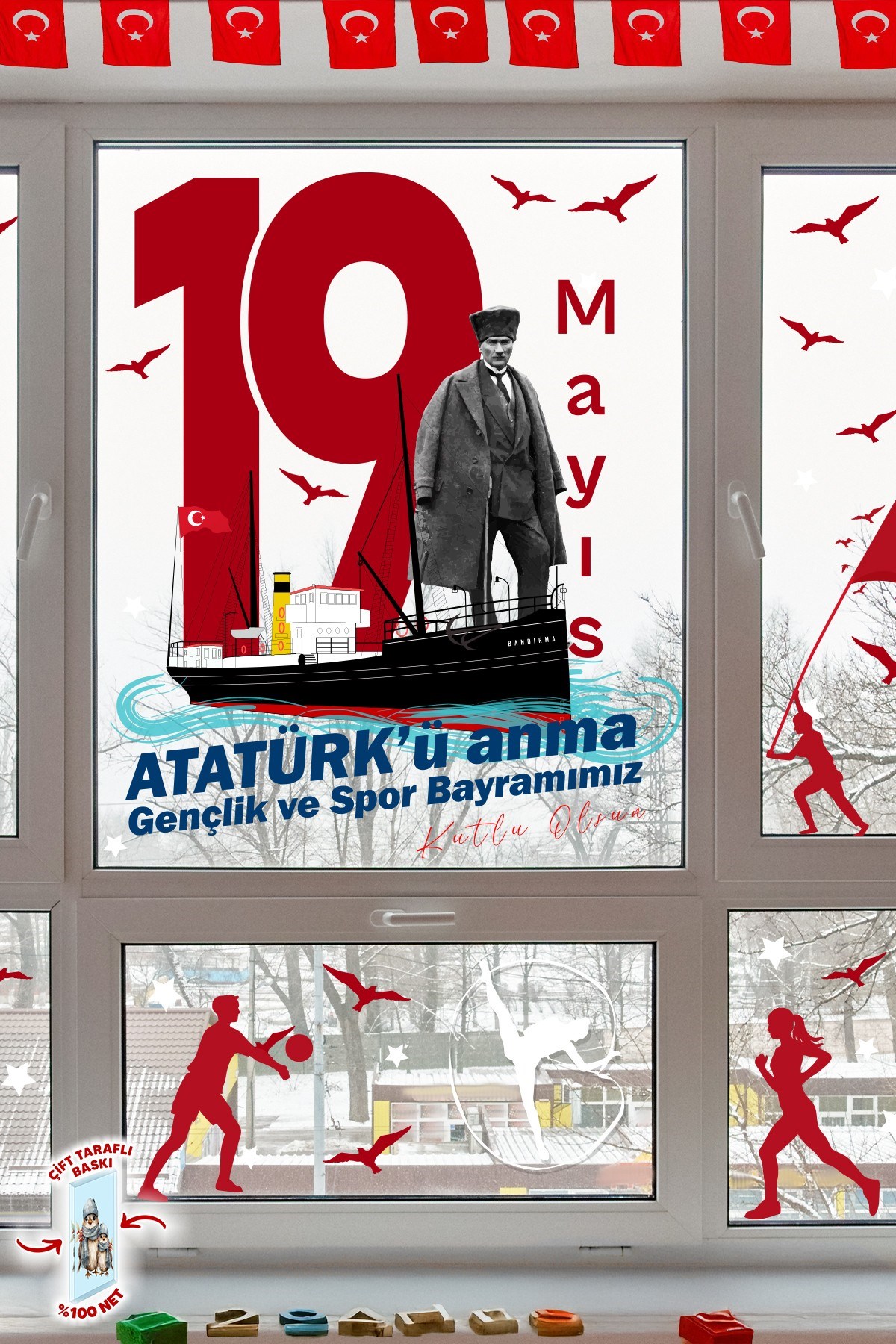 19 Mayıs Atatürk’ü Anma Gençlik ve Spor Bayramı Çift Taraflı Cam Sticker Set – 100% Görünüm,90 Parça
