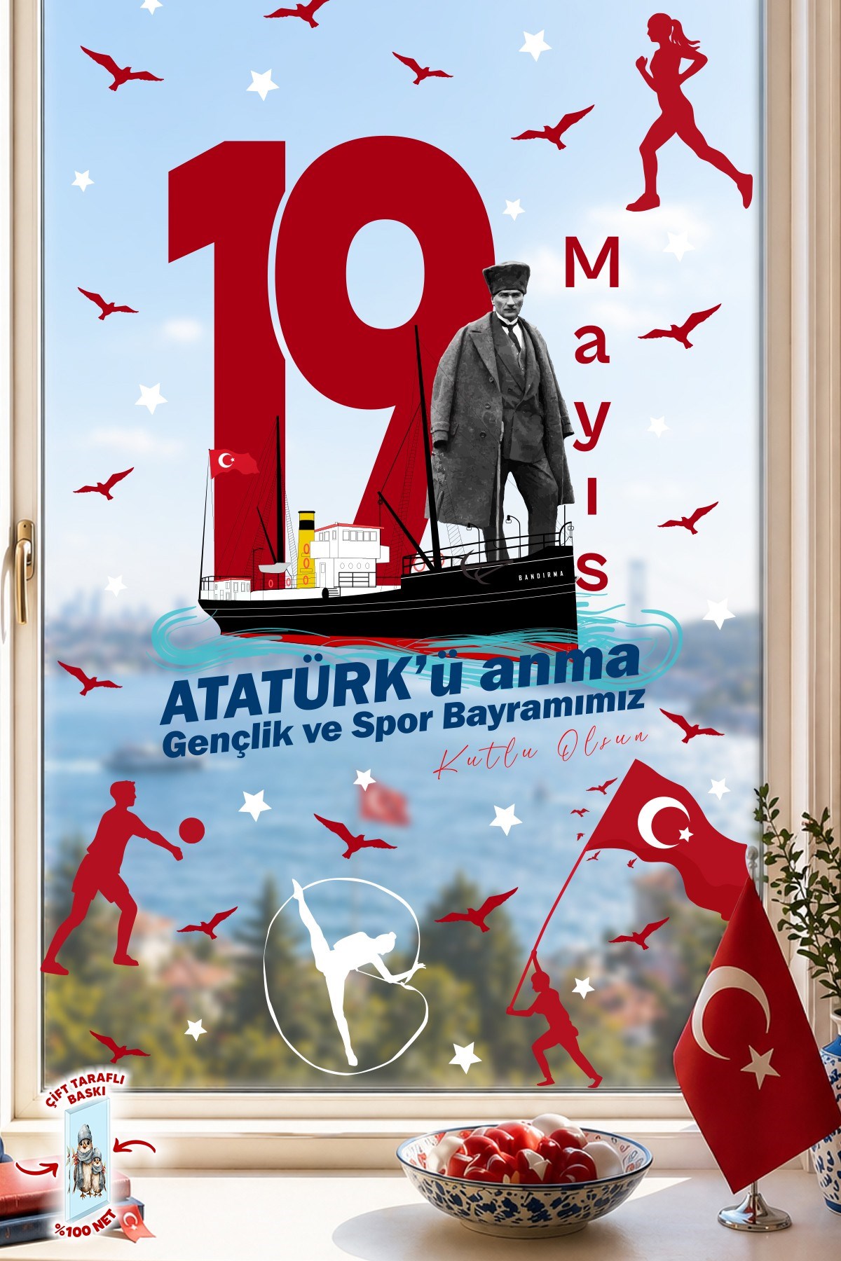 19 Mayıs Atatürk’ü Anma Gençlik ve Spor Bayramı Çift Taraflı Cam Sticker Set – 100% Görünüm,90 Parça