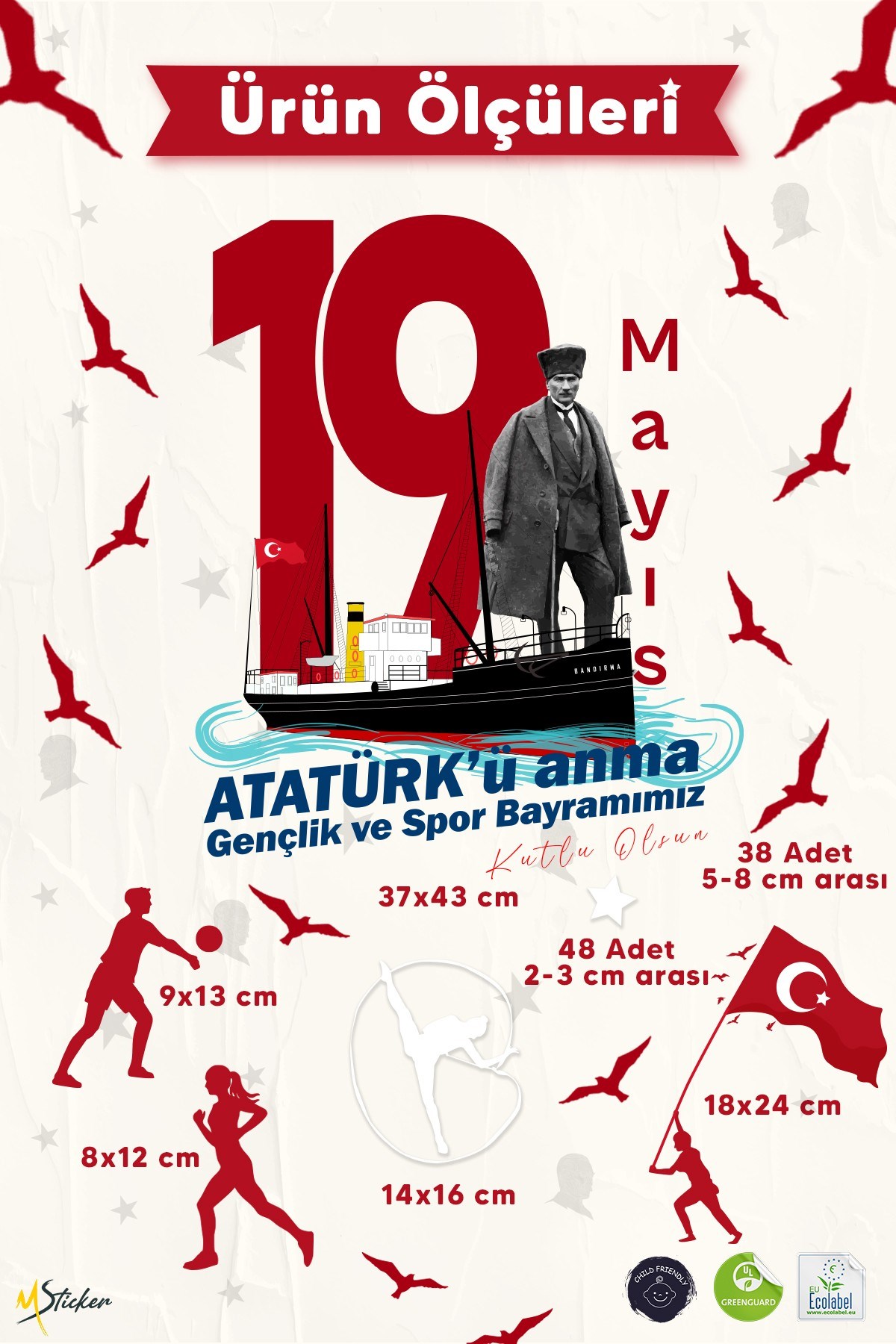 19 Mayıs Atatürk’ü Anma Gençlik ve Spor Bayramı Çift Taraflı Cam Sticker Set – 100% Görünüm,90 Parça
