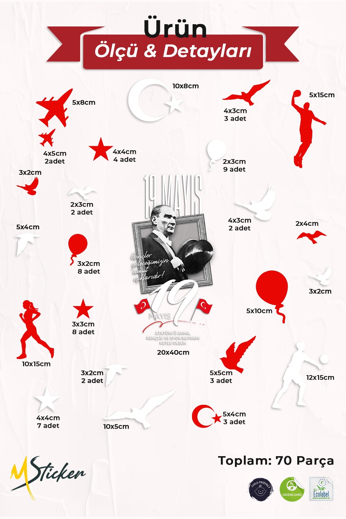 19 Mayıs Çift Taraflı Cam Sticker Seti 70 Parça Atatürk Temalı Pencere Süsü, Atatürk, Gençlik Bayram