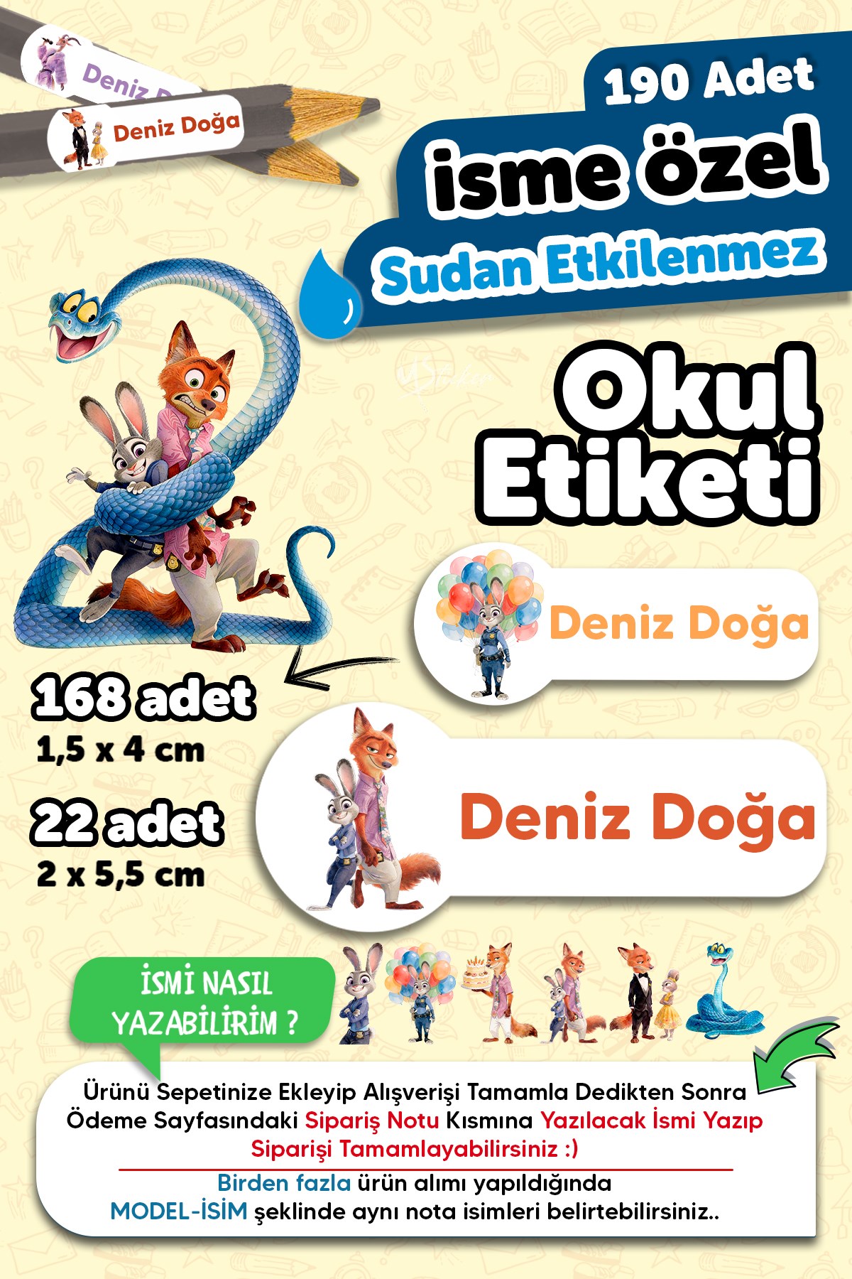 190 Adet Kişiye Özel Okul Etiketi İsimli Kalem Defter Suluk Etiket Suya Dayanıklı Etiket Zootopia