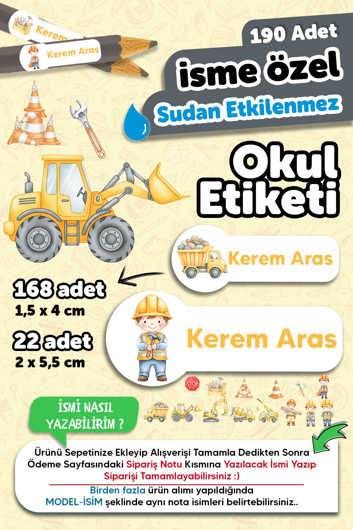 190 Adet Kişiye Özel Okul Etiketi İsimli Kalem Defter Suluk Etiket Suya Dayanıklı Etiket İş Makinalı